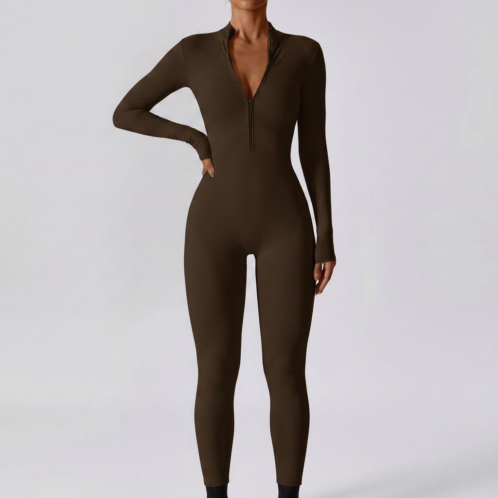 Long Sleeve Yoga Jumpsuit in Dark Coffee C – image 7 of 8