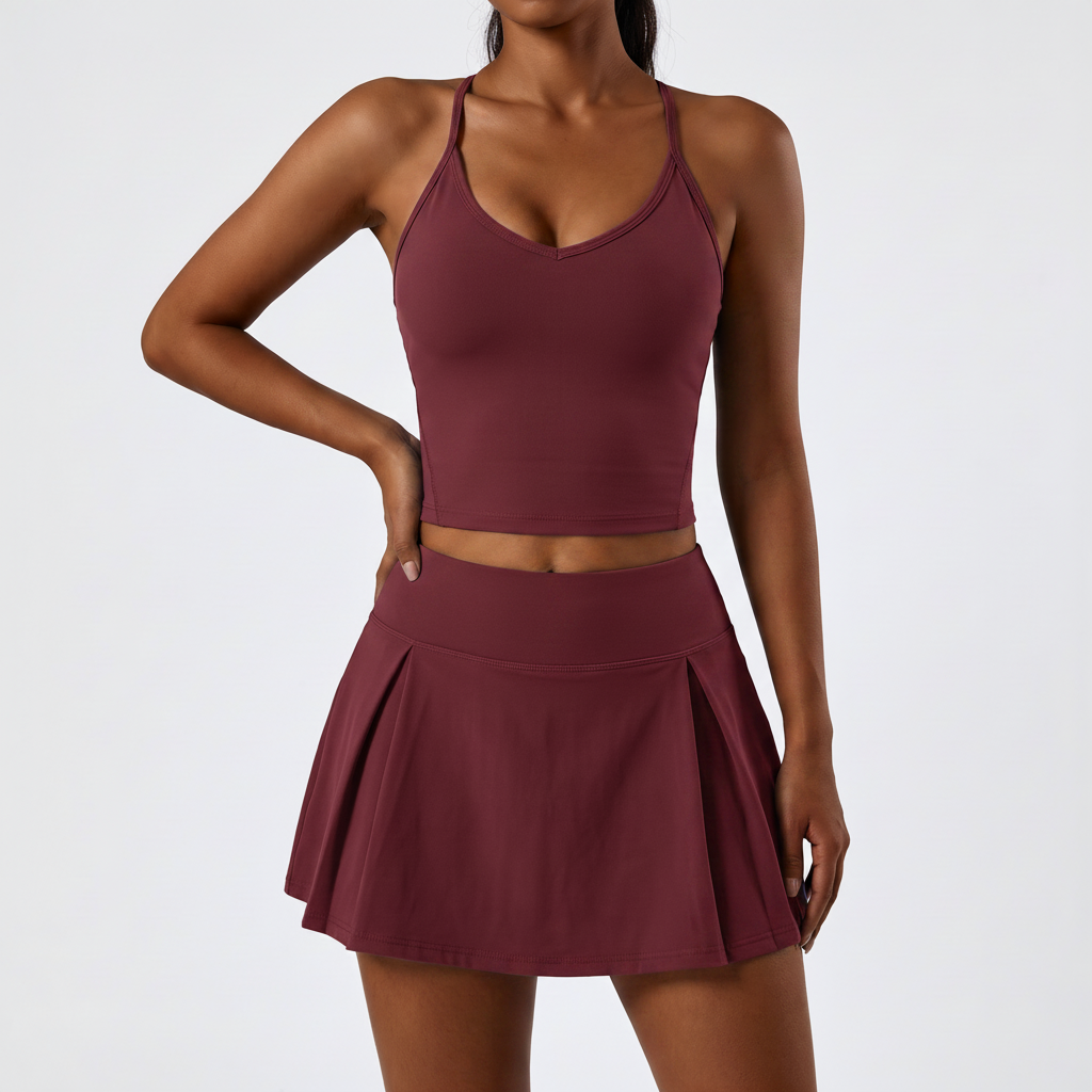 Crop Top & Skort Set - Burgundy