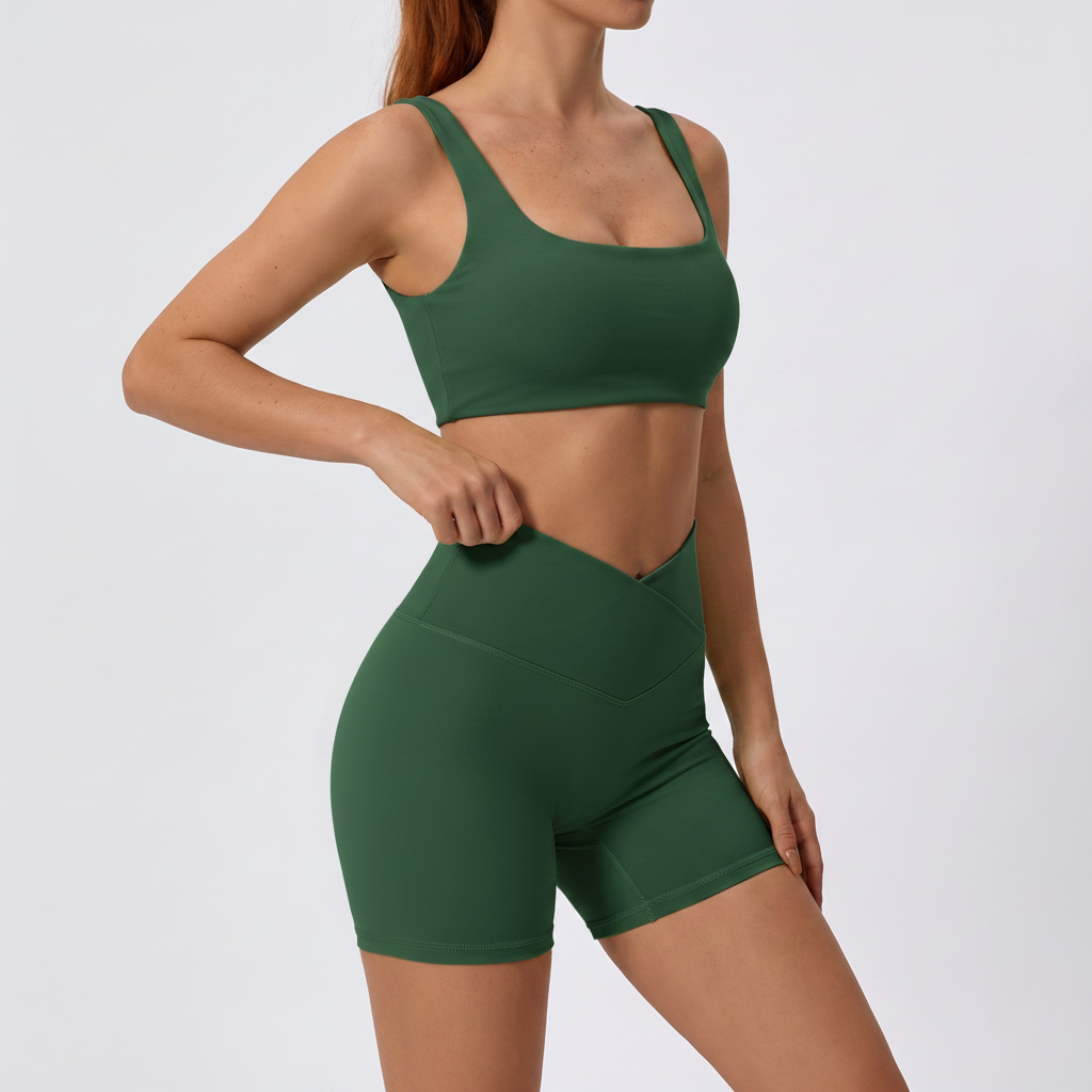 Cross-Waist Bra & Shorts Set - Dark Green