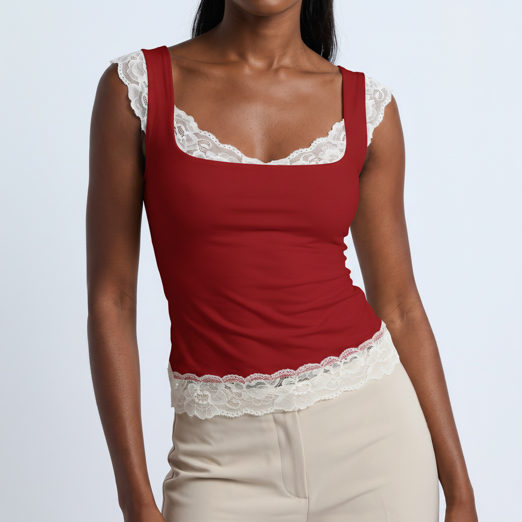 Lace Ruffle Square Neck Top in Red &ndash; image 7 of 9