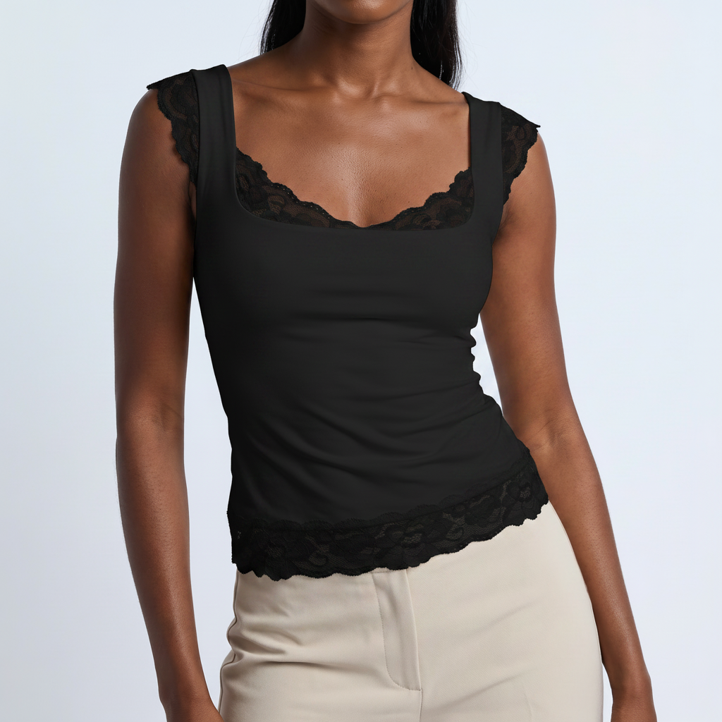 Lace Ruffle Square Neck Top in Black &ndash; image 6 of 9