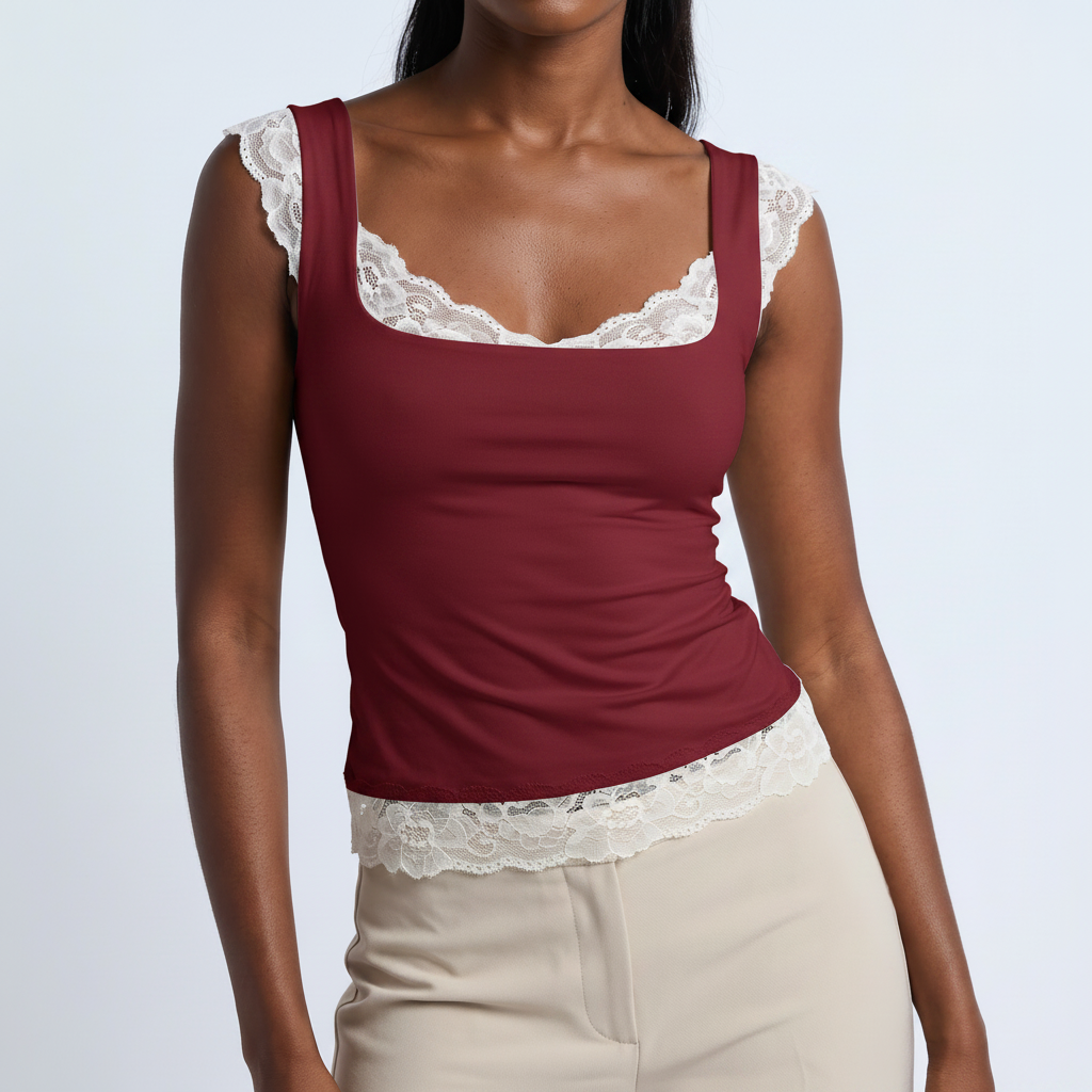 Lace Ruffle Square Neck Top in Claret &ndash; image 8 of 9