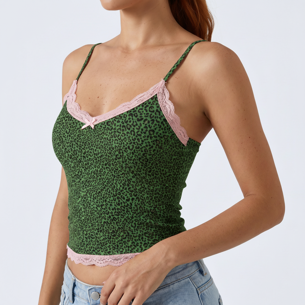 Leopard Lace Trim Cami in Green &ndash; image 4 of 4